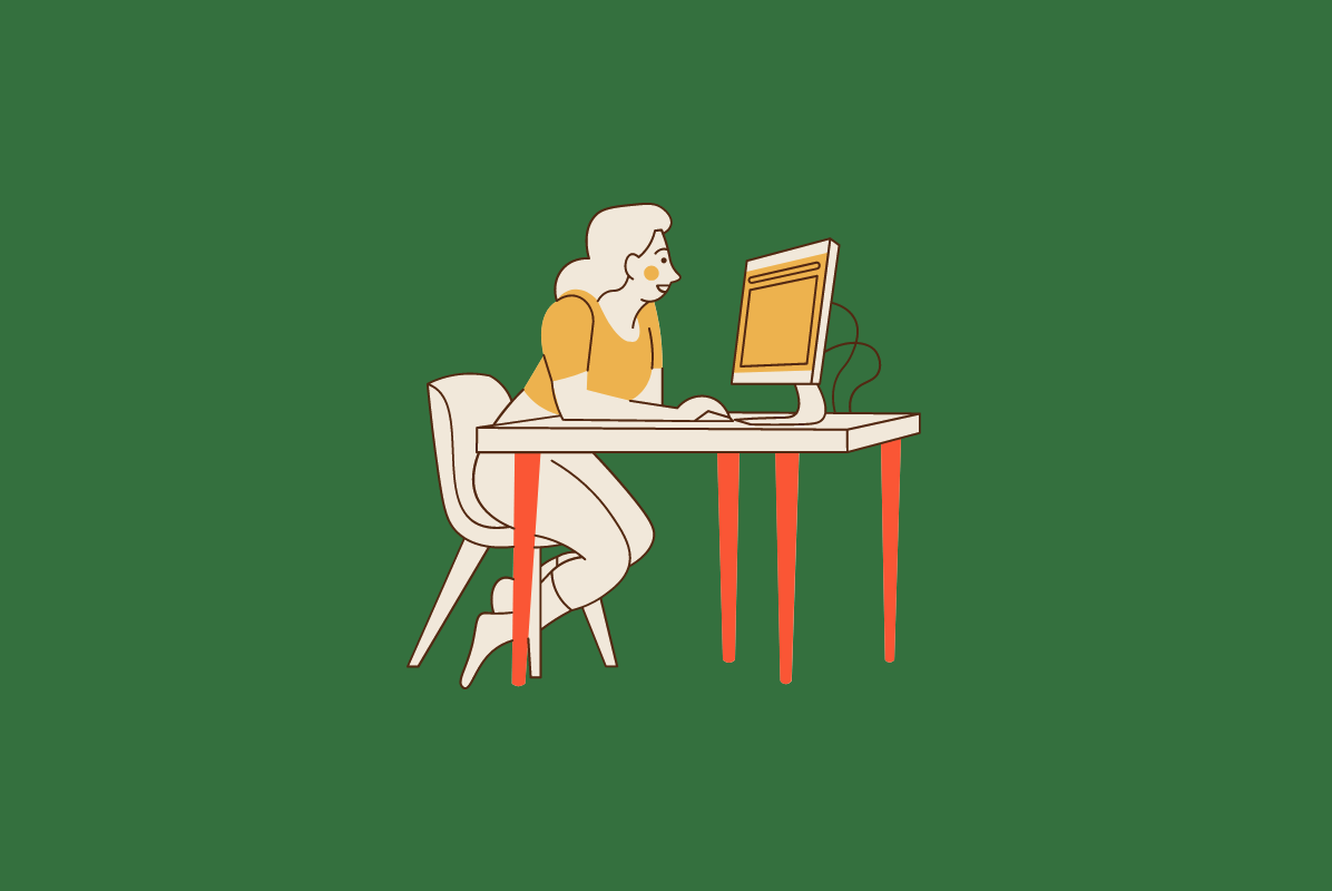 Dessin d'une femme assise devant son ordinateur et qui participe à une visioconférences