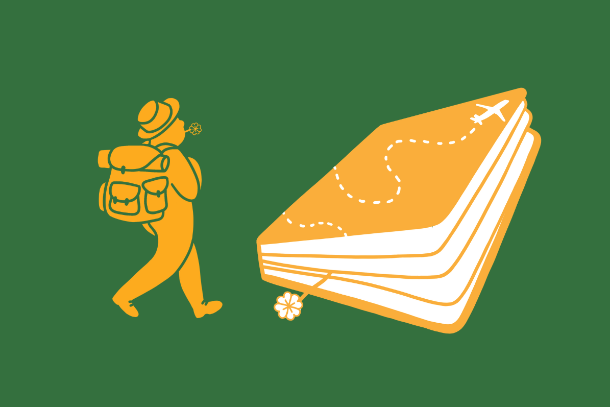 Dessin jaune sur fond vert représentant un aventurier, partant en voyage pour découvrir son trèfle à 4 feuilles, sa vocation professionnelle, sa mission de vie, dans le cadre d'un bilan de compétences ou d'un bilan d'orientation scolaire