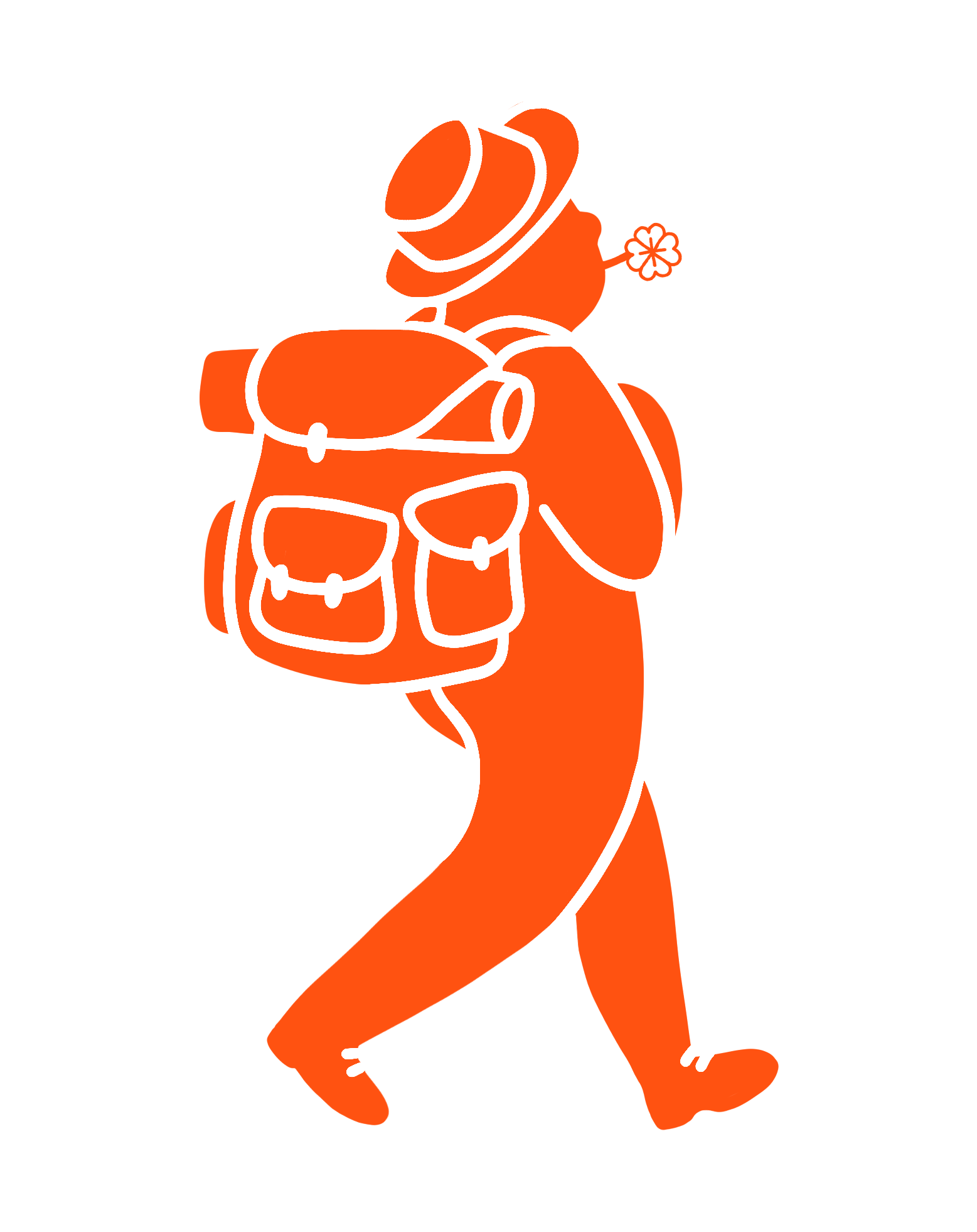 Randonneur orange avec son sac à dos et un trèfle en bouche qui avance sur son chemin