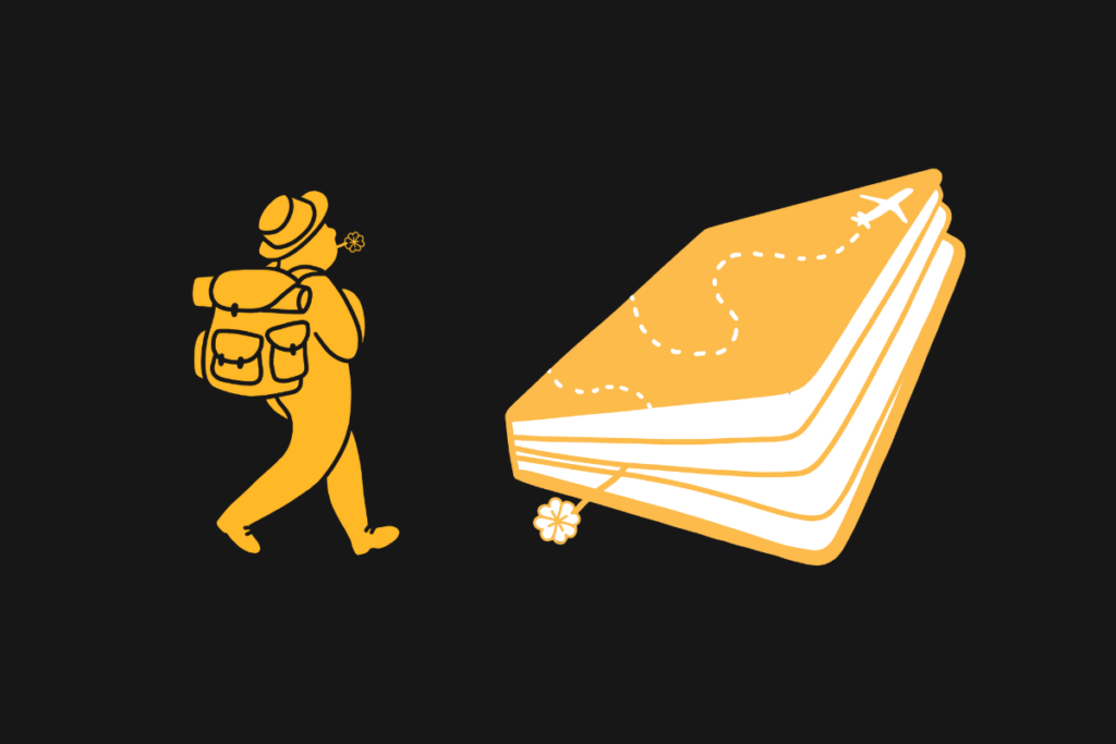 Dessin jaune sur fond noir représentant un aventurier, partant en voyage pour découvrir son trèfle à 4 feuilles, sa vocation professionnelle, sa mission de vie, dans le cadre d'un bilan de compétences ou d'un bilan d'orientation scolaire