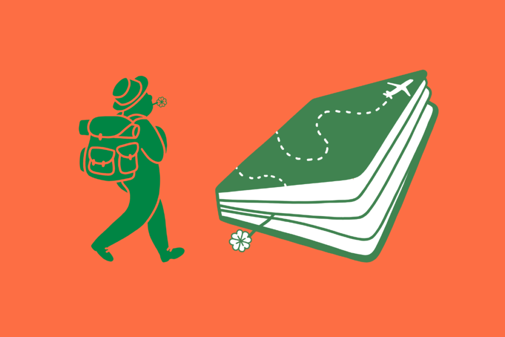 Dessin vert sur fond orange représentant un aventurier, partant en voyage pour découvrir son trèfle à 4 feuilles, sa vocation professionnelle, sa mission de vie, dans le cadre d'un bilan de compétences ou d'un bilan d'orientation scolaire