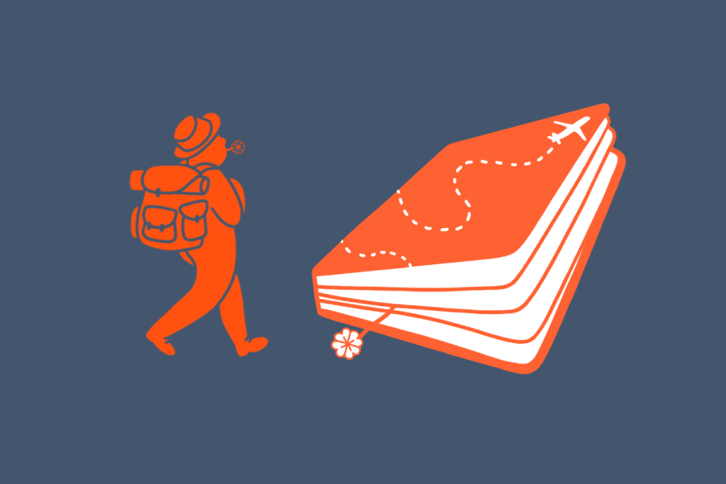 Dessin orange sur fond bleu représentant un aventurier, partant en voyage pour découvrir son trèfle à 4 feuilles, sa vocation professionnelle, sa mission de vie, dans le cadre d'un bilan de compétences ou d'un bilan d'orientation scolaire